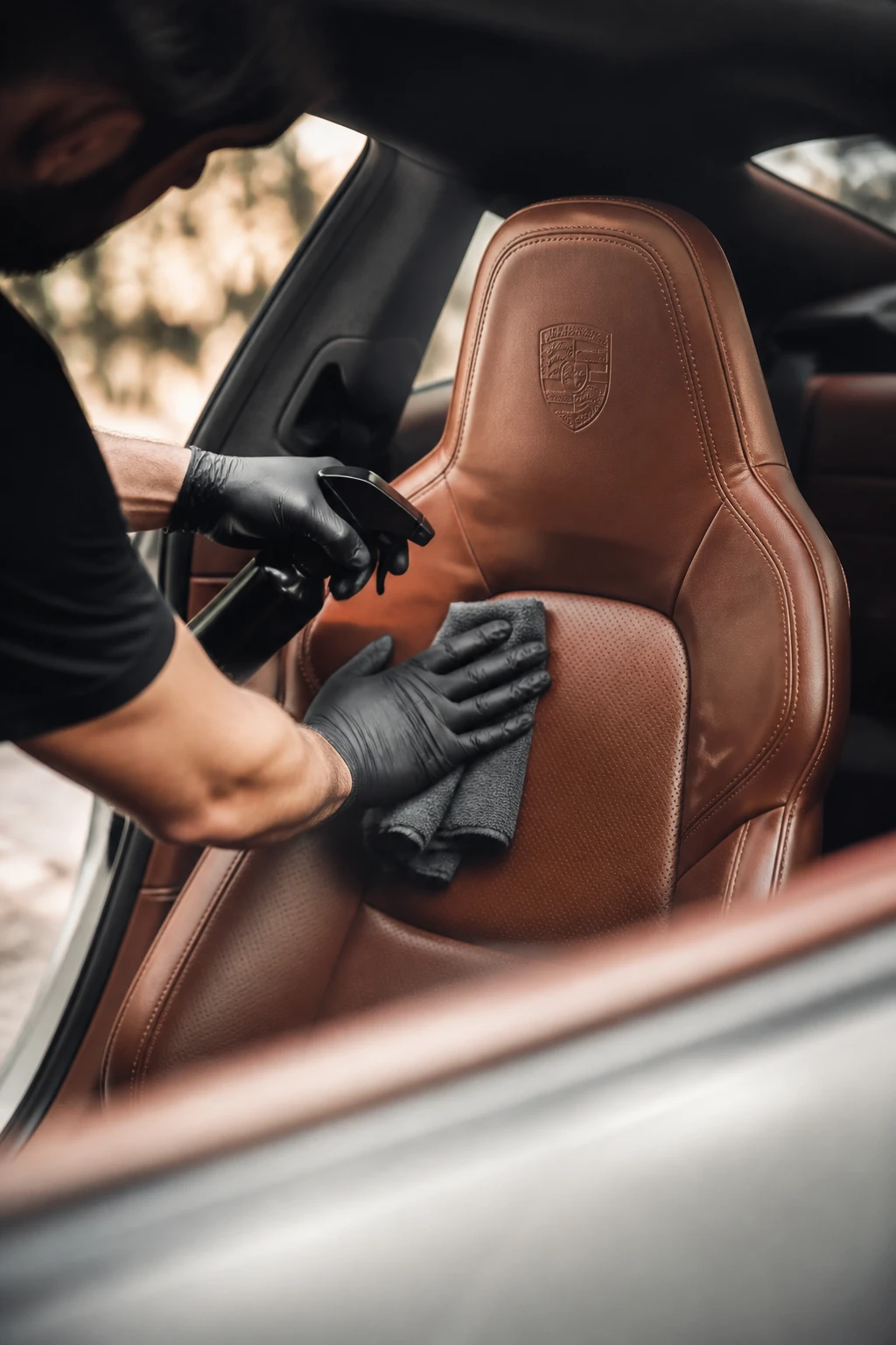 Detailer cleaning a premium leather seat
