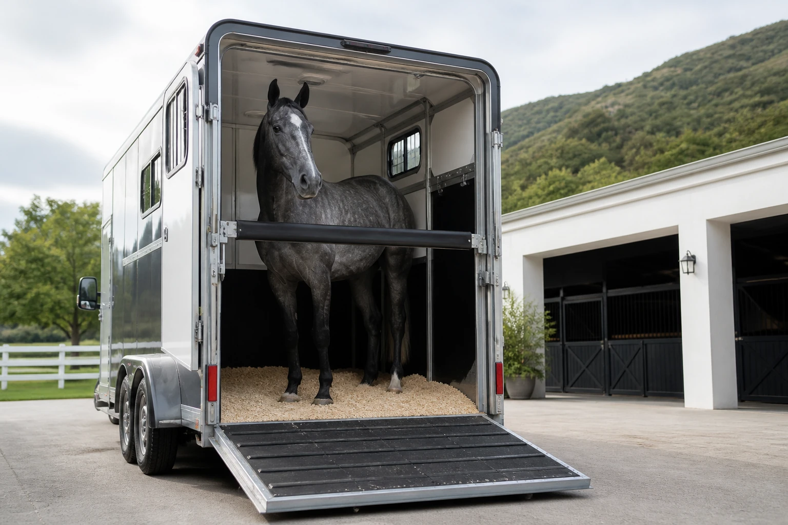 Horse standing inside an open horse trailer