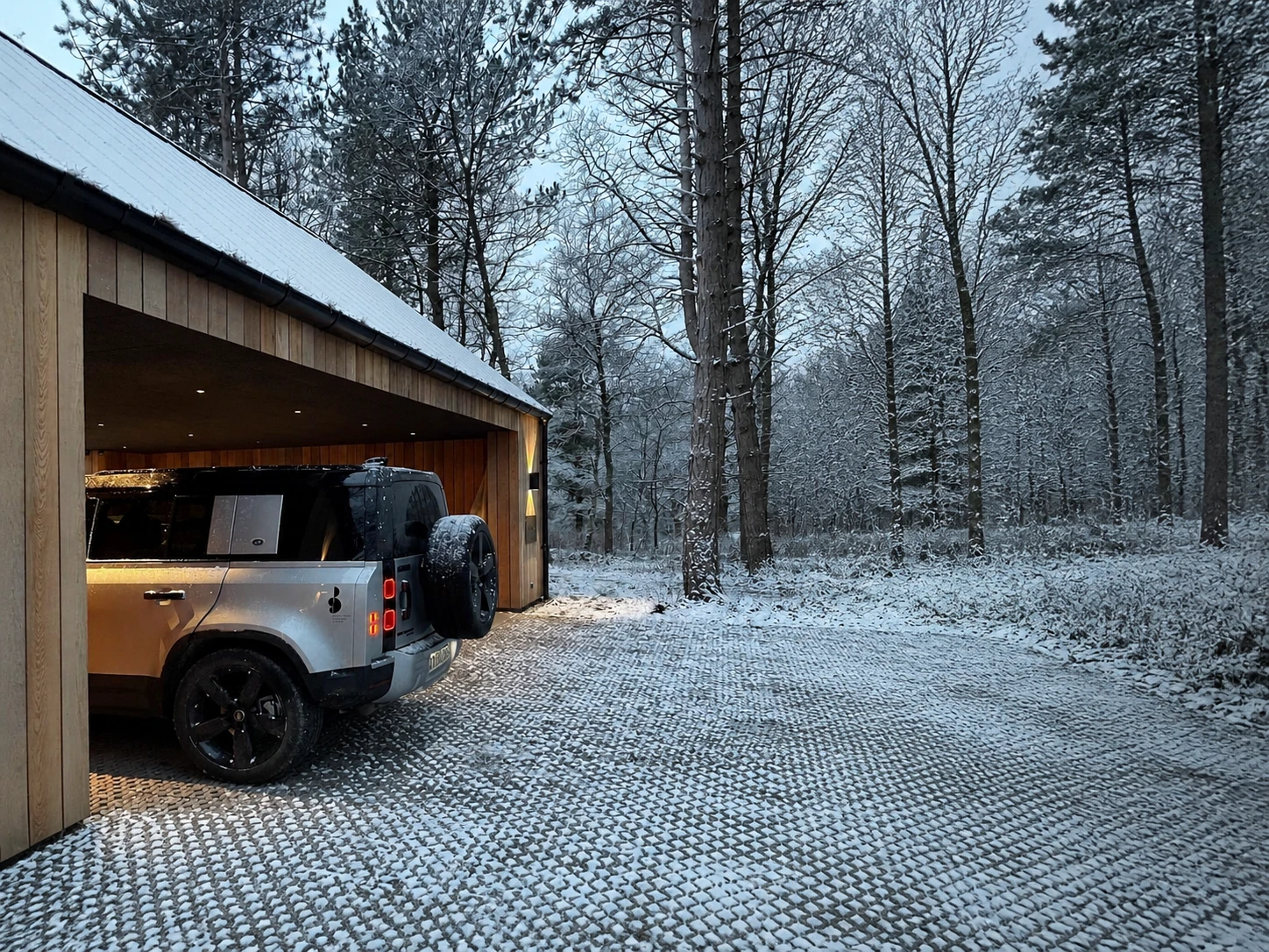 Vehicle parked by a garage in snowy weather